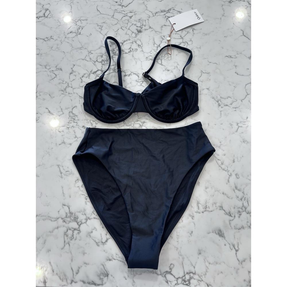 New Quince Black Italian Demi Bikini Top & High Rise High Leg Bottom Set Small